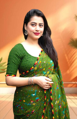 TEN R Printed Bollywood Georgette Saree(Green)