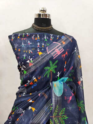 ASHTA Floral Print Kanjivaram Linen Saree(Dark Blue)