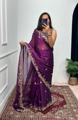 GOLDOLL FAB Embroidered Bollywood Organza Saree(Purple)