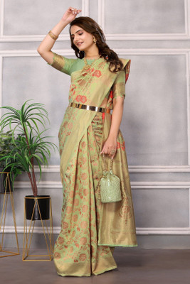 Soor Panchi Self Design Banarasi Cotton Blend Saree(Dark Green)