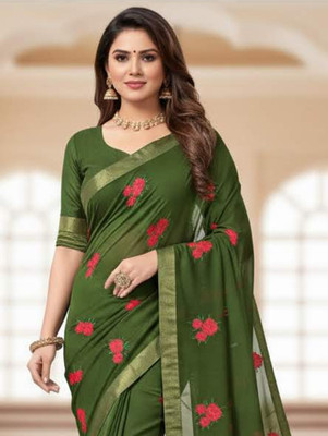 Anugrah Textile Printed Banarasi Lycra Blend, Chiffon Saree(Green)