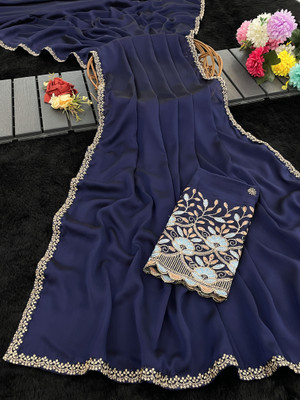 saanvi Embroidered, Solid/Plain Bollywood Art Silk Saree(Dark Blue)