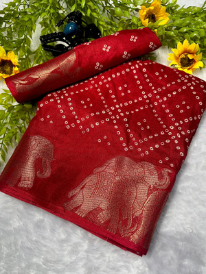 RAAVIENTERPRISE Animal Print, Embellished Bandhani Silk Blend Saree(Red)