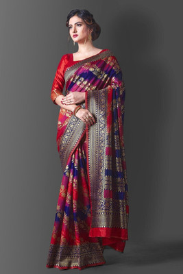 Handsel Woven Banarasi Jacquard, Silk Blend Saree(Red)