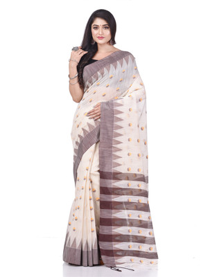Desh Bidesh Printed Tant Pure Cotton Saree(White, Brown)