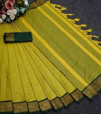 KHODALSAREEFEB Solid/Plain, Woven, Striped Banarasi Cotton Silk Saree(Dark Green, Purple)