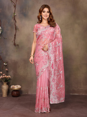 VIJAYAVALLABH Embroidered Bollywood Net Saree(Pink)