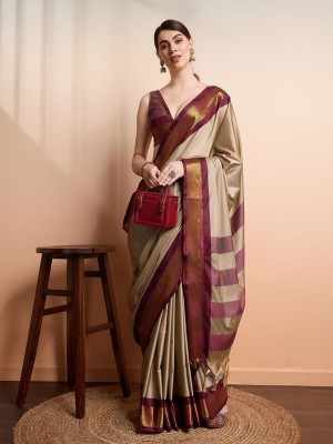 AWESOME Embellished Kanjivaram Silk Blend, Jacquard Saree(Beige)