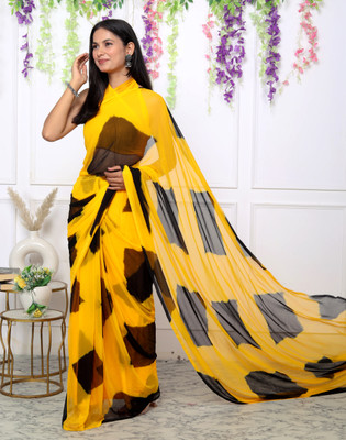 HouseOfCommon Color Block Leheria Chiffon Saree(Black, Yellow)