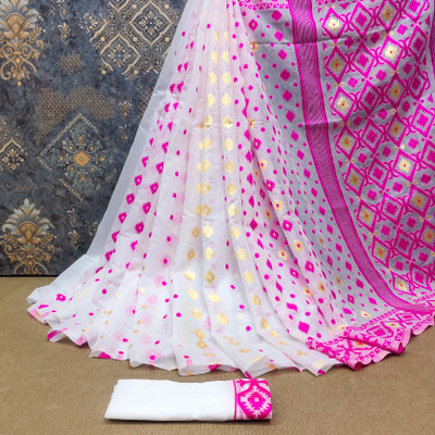 Niwaa Woven, Self Design Jamdani Cotton Blend, Jacquard Saree(White)