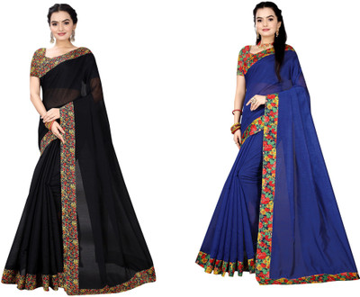 manish Printed Chanderi Cotton Blend Saree(Pack of 2, Blue, Black)