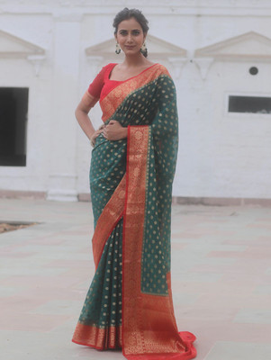 yanish Woven Banarasi Cotton Silk Saree(Dark Green, Red)