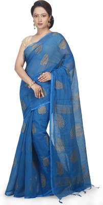 crochetin Printed Daily Wear Handloom Cotton Blend Saree(Gold, Blue)