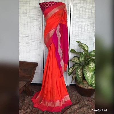 BiswasTextiles Self Design Handloom Cotton Blend Saree(Orange)