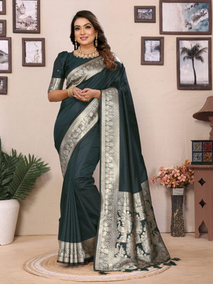 Just Aura Creation Solid/Plain Banarasi Silk Blend Saree(Dark Green)