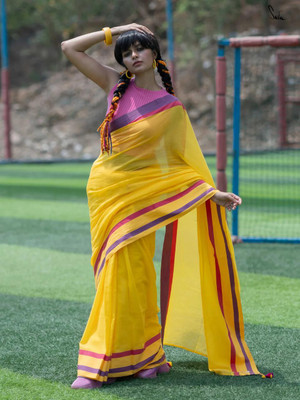 ArushiCreation Solid/Plain Handloom Handloom Pure Cotton Saree(Yellow)