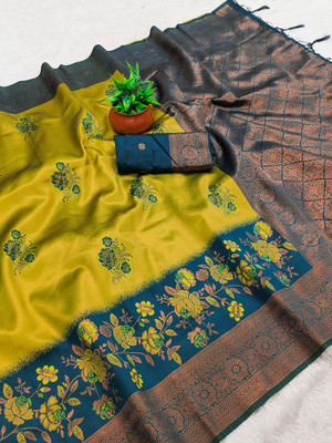 AVANTIKA FASHION Woven Kanjivaram Pure Silk, Art Silk Saree(Yellow, Light Blue)