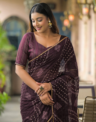 Satrani Printed Bandhani Georgette, Chiffon Saree(Purple)