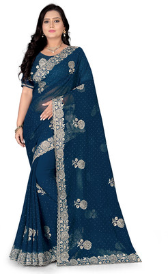 CELVIRA Embroidered, Embellished Daily Wear Georgette Saree(Blue)