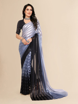 Moda Rapido Striped, Self Design Daily Wear Satin Saree(Grey)