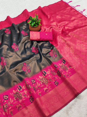 AVANTIKA FASHION Woven Kanjivaram Pure Silk, Art Silk Saree(Dark Blue, Pink)