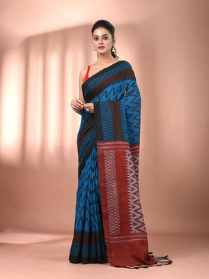 Joyguru Textile Printed Sambalpuri Cotton Blend Saree(Blue)