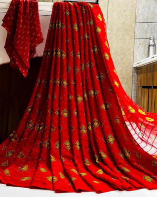 Bombey Velvat Fab Floral Print Bandhani Chiffon, Georgette Saree(Red)