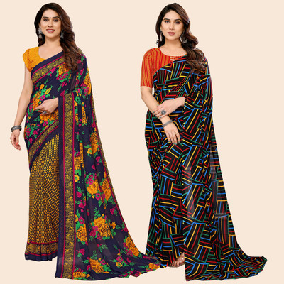 kashvi sarees Self Design, Printed Daily Wear Georgette Saree(Pack of 2, Dark Blue, Yellow, Multicolor)
