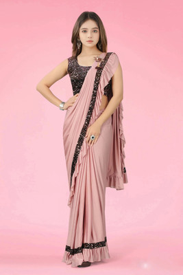 VRAJTEX FAB Embellished, Solid/Plain Bollywood Lycra Blend Saree(Pink)