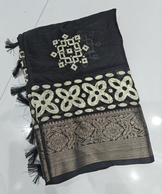 J6 Designers Floral Print Hand Batik Cotton Silk Saree(Black)