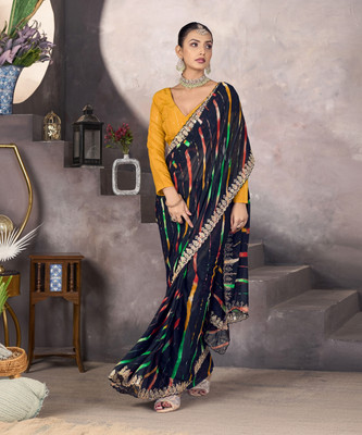 Samah Printed, Embroidered, Embellished Bollywood Georgette, Chiffon Saree(Black)