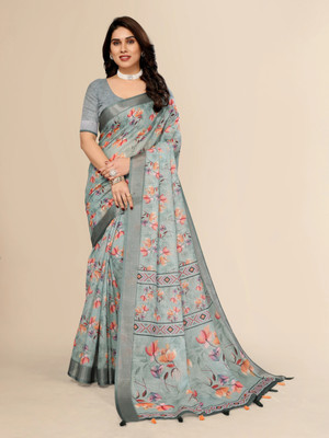 Nandoshni Printed Bollywood Linen Saree(Grey)