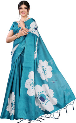 Priyashi Floral Print Daily Wear Art Silk Saree(Blue)