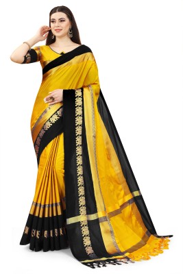 NOTABILIA Self Design Kanjivaram Art Silk, Cotton Silk Saree(Black, Yellow)