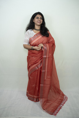 SnehaFashion Creation Printed Daily Wear Linen Saree(Red)