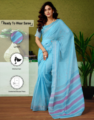 Satrani Digital Print, Floral Print, Printed Bollywood Linen Saree(Blue)
