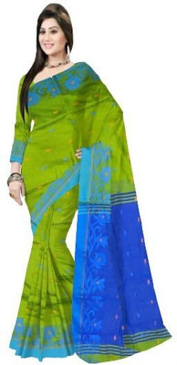 Pradip Fabrics Woven Tant Silk Blend Saree(Green, Blue)