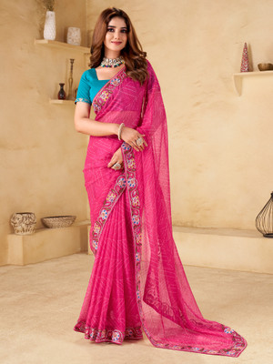 ANOUK Printed Bandhani Chiffon Saree(Pink)