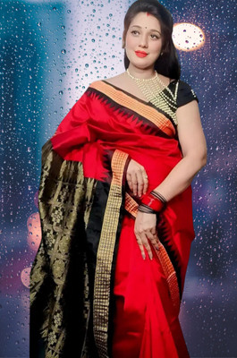 Afronza Temple Border, Solid/Plain, Self Design, Paisley Sambalpuri Cotton Blend, Pure Silk Saree(Red)