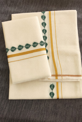 Adhvini Solid/Plain, Woven, Striped, Floral Print Mundum Neriyathum Pure Cotton Saree(Green)