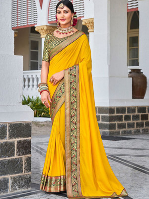 ANOUK Solid/Plain Daily Wear Silk Blend Saree(Yellow)