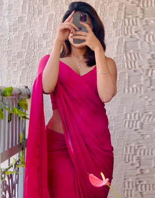 ISHA TRADE Solid/Plain Bollywood Georgette Saree(Pink)