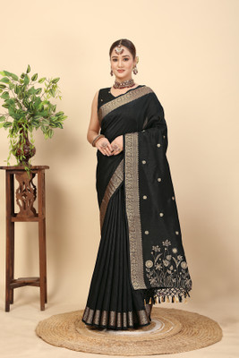 J6 Designers Floral Print Bollywood Cotton Silk Saree(Black)
