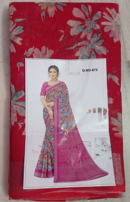 RRShop Floral Print Bollywood Cotton Silk Saree(Multicolor, Red)