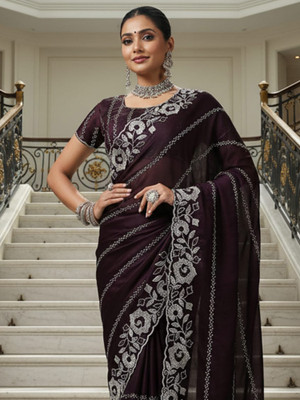 all about you Embroidered Bollywood Satin Saree(Purple)