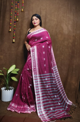 pal saree mahal Striped Handloom Cotton Blend Saree(Magenta)
