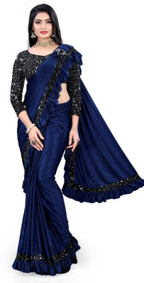 ORGOSCOPIO Embellished Saree with Attached Blouse Lycra Blend Saree(Blue)