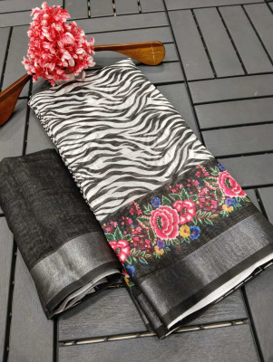 AARAANA Woven, Self Design, Geometric Print Kanjivaram Linen Saree(Black)