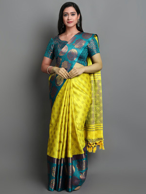 WINKLECART Geometric Print Jamdani Cotton Blend Saree(Light Green, Green)