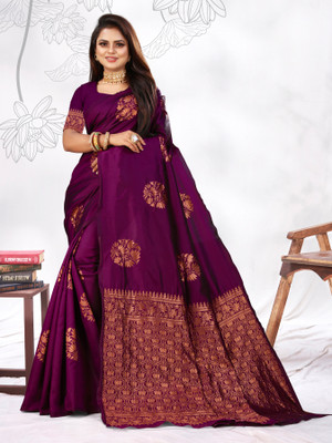 VARNI DESIGNER HUB Floral Print Banarasi Silk Blend Saree(Purple)